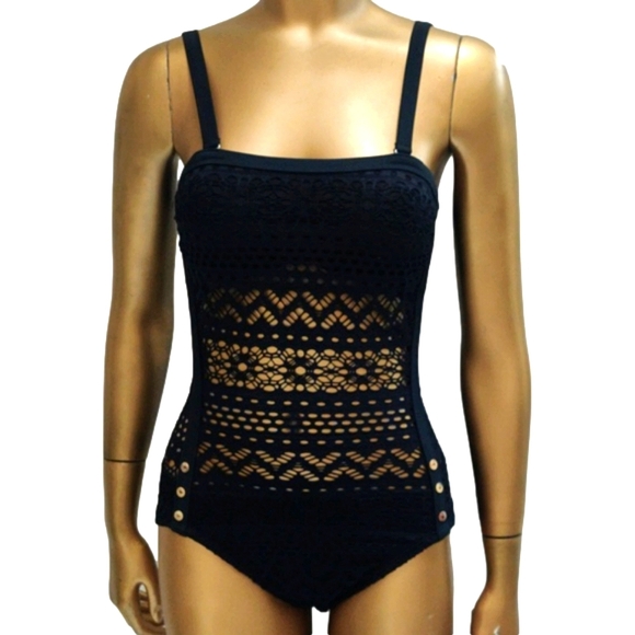 One Piece Black Knit Monokini Swimsuit with Straps Crochet Swimwear - Picture 3 of 10